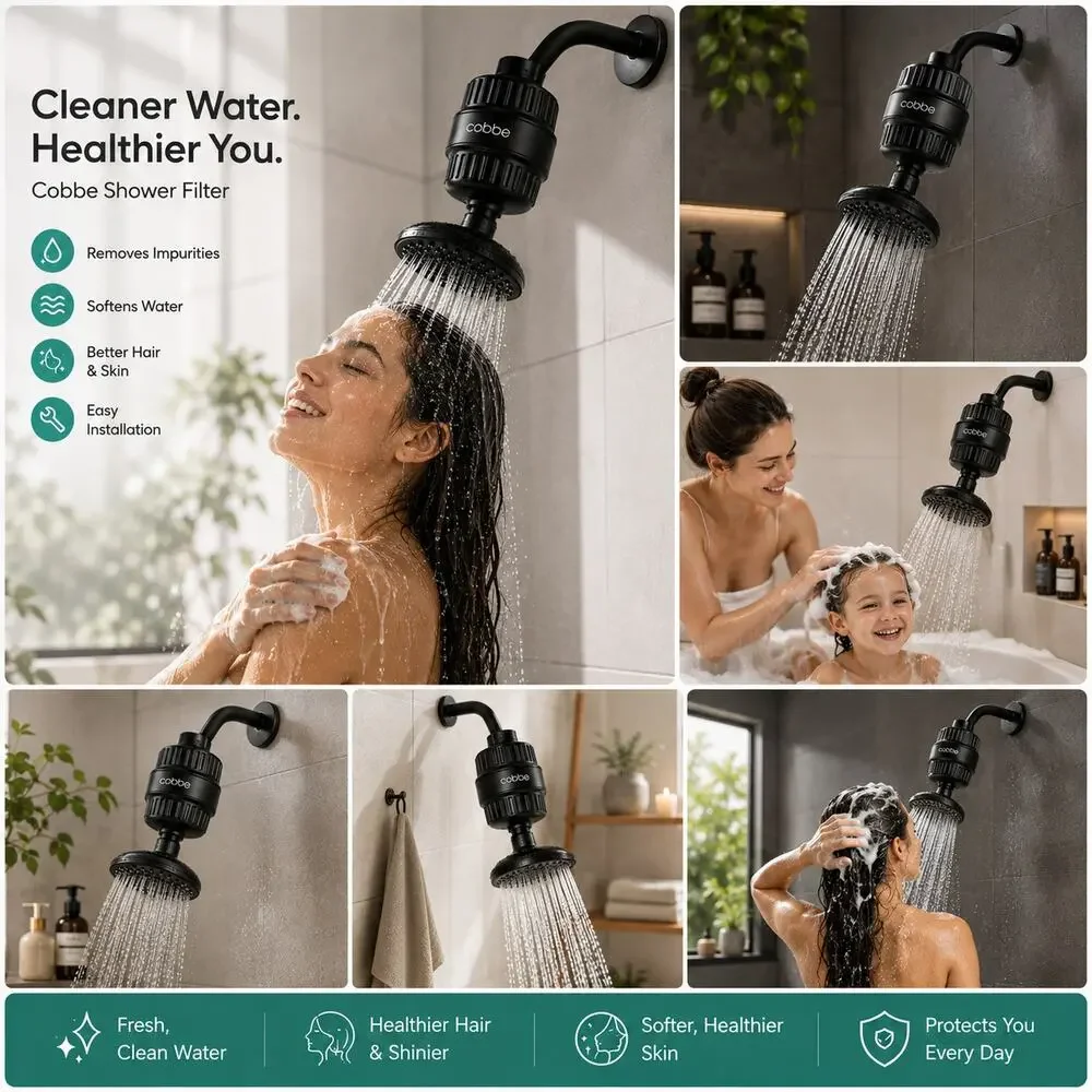 2-pc Cobbe Shower Filter for Hard Water – Matte Black (Model: CF-KSGLQB203-2)